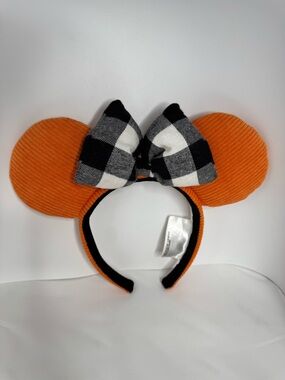 Disney Orange Corduroy Minnie Ears Headband with Black & White Buffalo Bow